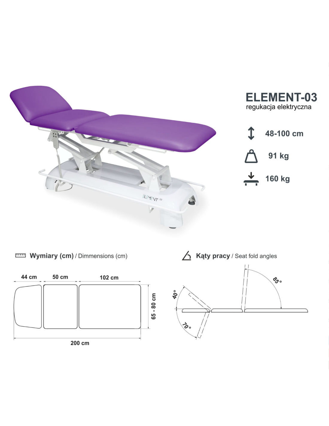 Stół rehabilitacyjny elektryczny 3-sekcyjny z regulacją sekcji nóg ELEMENT 03