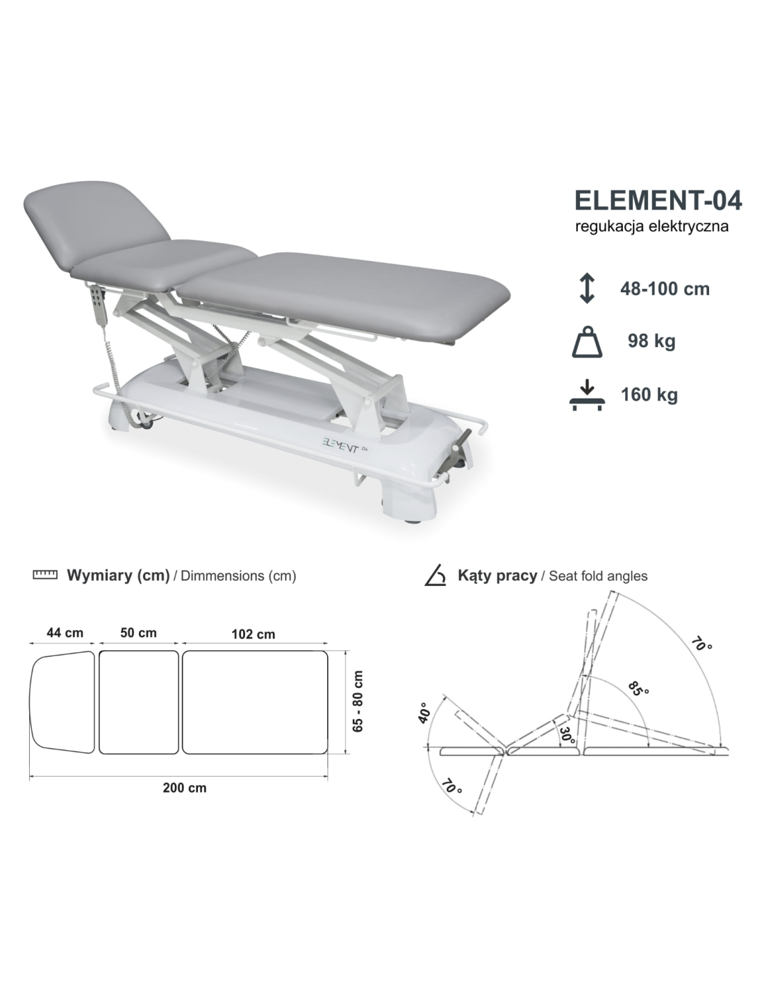 Stół rehabilitacyjny elektryczny 3-sekcyjny z pełną regulacją wszystkich sekcji ELEMENT 04