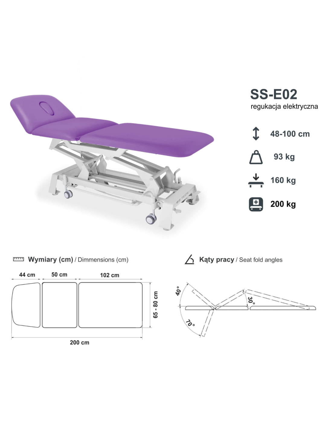 Stół rehabilitacyjny elektryczny 3-sekcyjny SS-E02